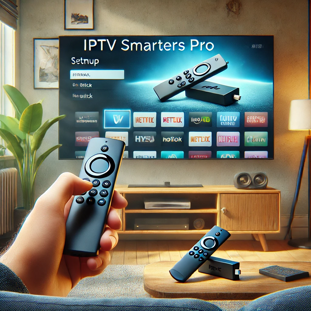 image showing a person installing IPTV Smarters Pro on a TV using a Firestick in a home environment