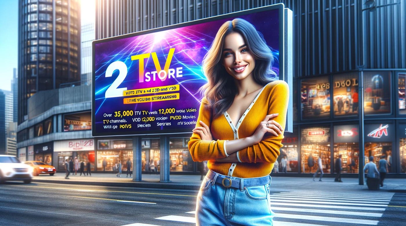 a woman standing in front of a billboard showing the website www.2tv.store