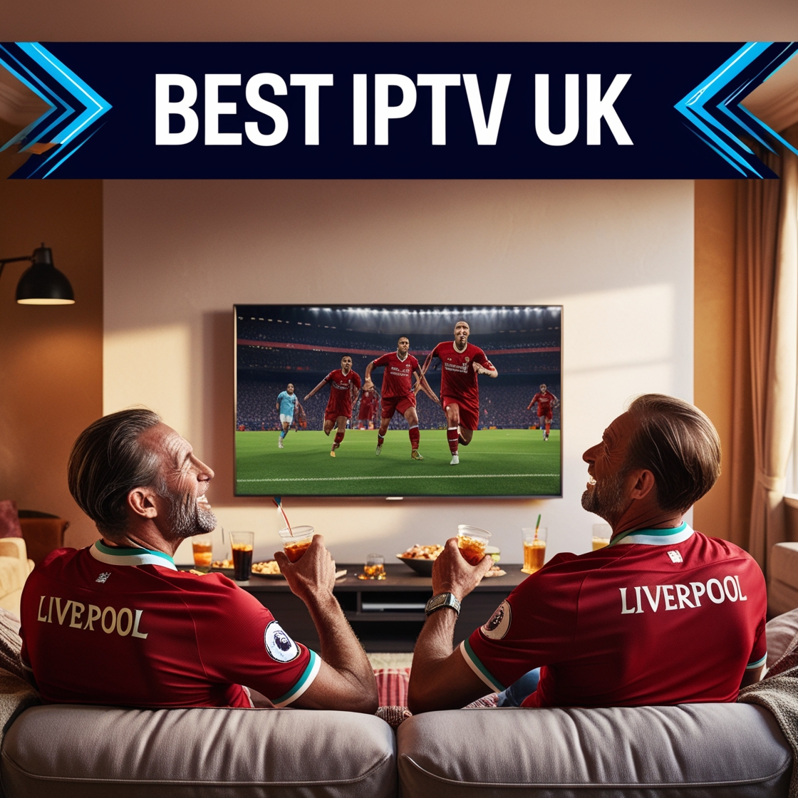 two men watching tv and wearing Liverpool tshirt and text on the image saying best IPTV UK